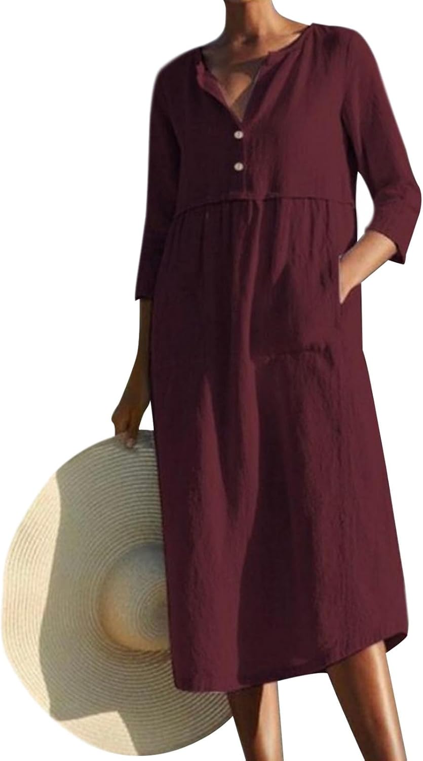Embryform Womens Cotton Linen Button Down Shirt Midi Dress, Crew Neck 3/4 Sleeve Loose Casual Spring Summer Dress with Pockets