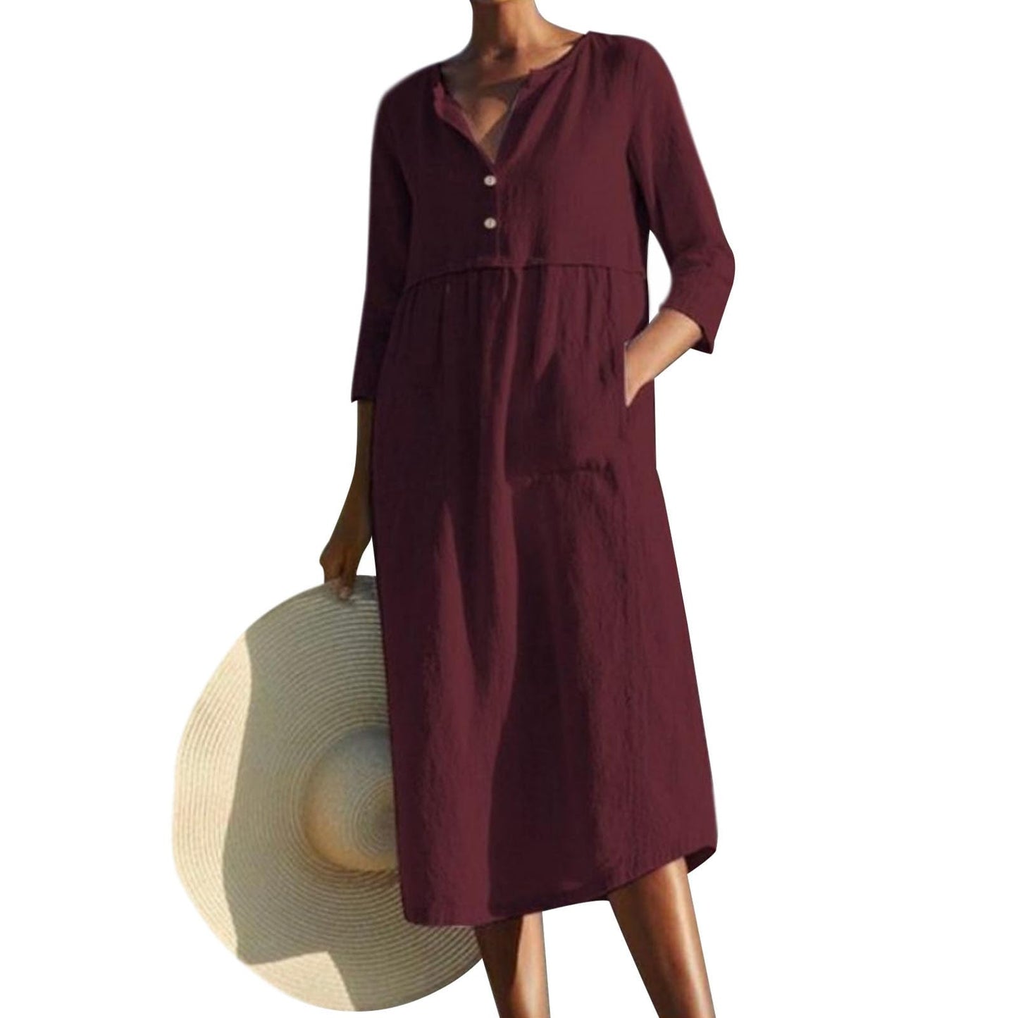 Embryform Womens Cotton Linen Button Down Shirt Midi Dress, Crew Neck 3/4 Sleeve Loose Casual Spring Summer Dress with Pockets