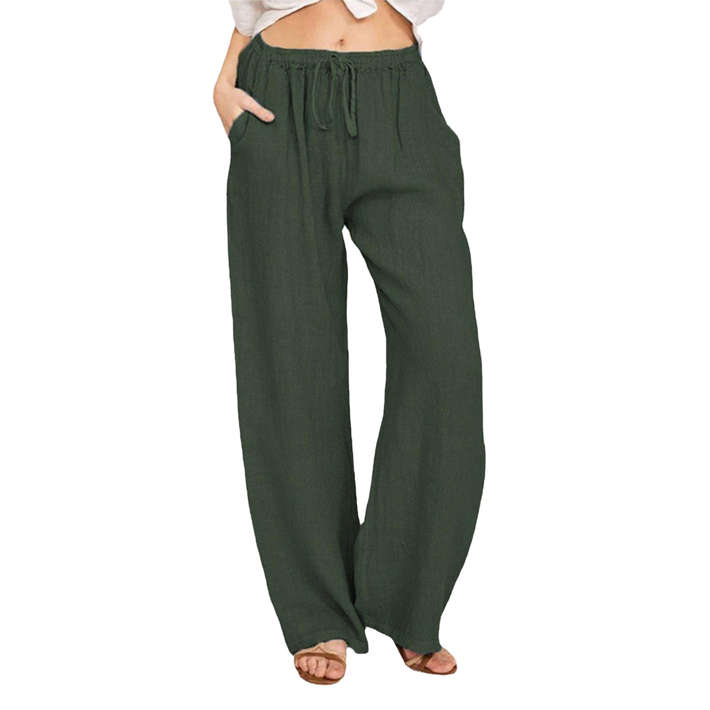 WAZZAP Women Pure Linen Wide Leg Pants High Waisted Drawstring Loose Trousers with Pockets for Summer