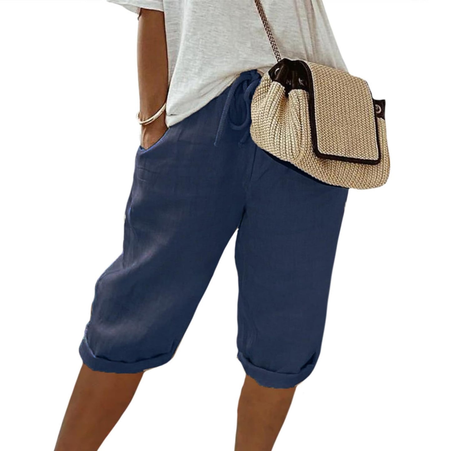 FONDBERYL Womens Cotton Linen Shorts Knee Length Drawstring Elastic Waist Summer Casual Gym Going Out Shorts with Pockets