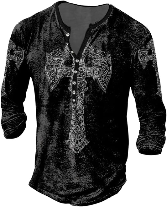 JiffPom Mens Henley Shirts Christian Shirt Jesus Cross Retro Long Sleeve Casual Button Down Washed T-Shirts Boy's Tops