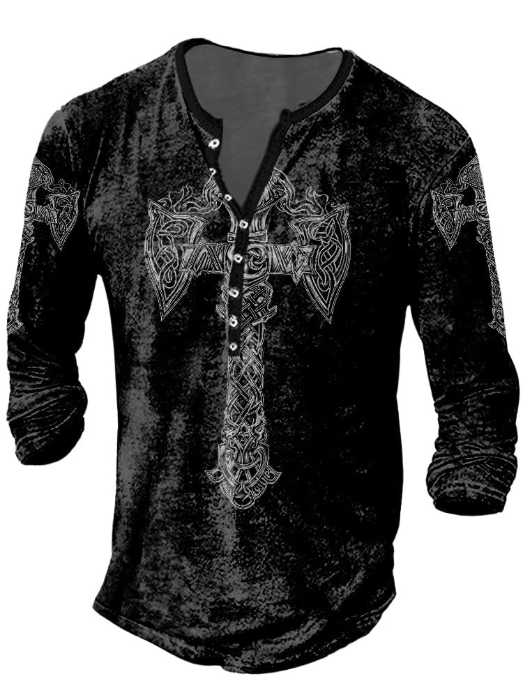 JiffPom Mens Henley Shirts Christian Shirt Jesus Cross Retro Long Sleeve Casual Button Down Washed T-Shirts Boy's Tops