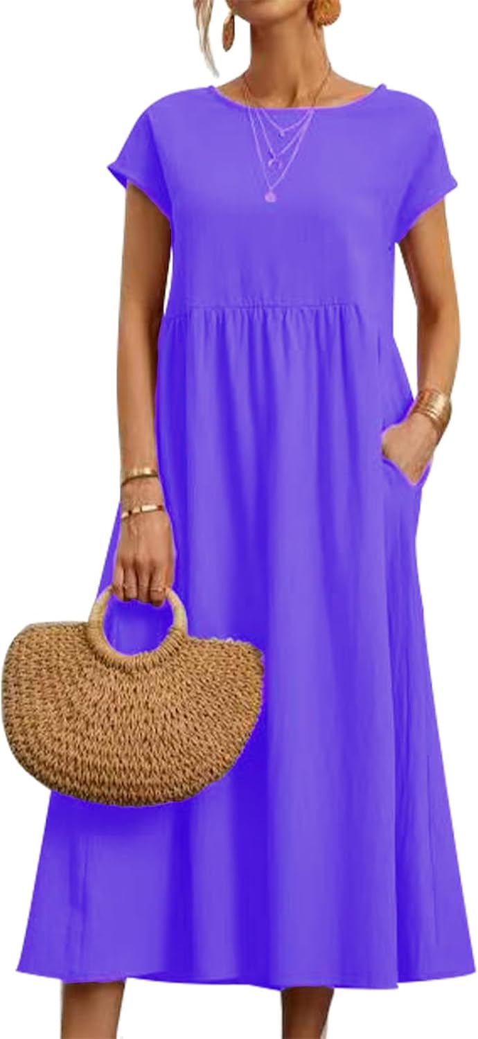 gukoo Cotton Linen Dress for Women Short Sleeve Casual Crew Neck Loose Maxi Summer 2026 Beach Vacation Dress with Pockets