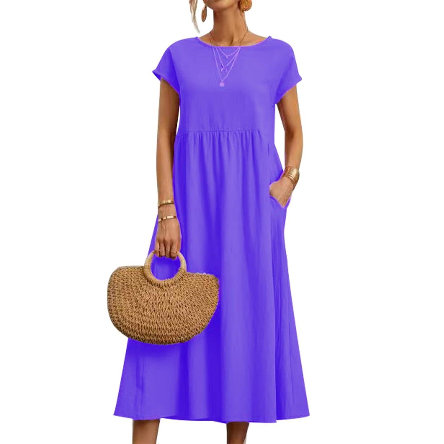 gukoo Cotton Linen Dress for Women Short Sleeve Casual Crew Neck Loose Maxi Summer 2026 Beach Vacation Dress with Pockets