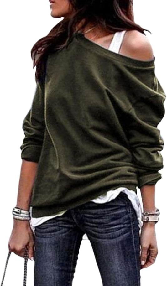 WAZZAP Off Shoulder Sweatshirt for Women, Baggy Oversized Crewneck Long Sleeve Shirt Loose Fit 2026 Fashion Tunic Tops
