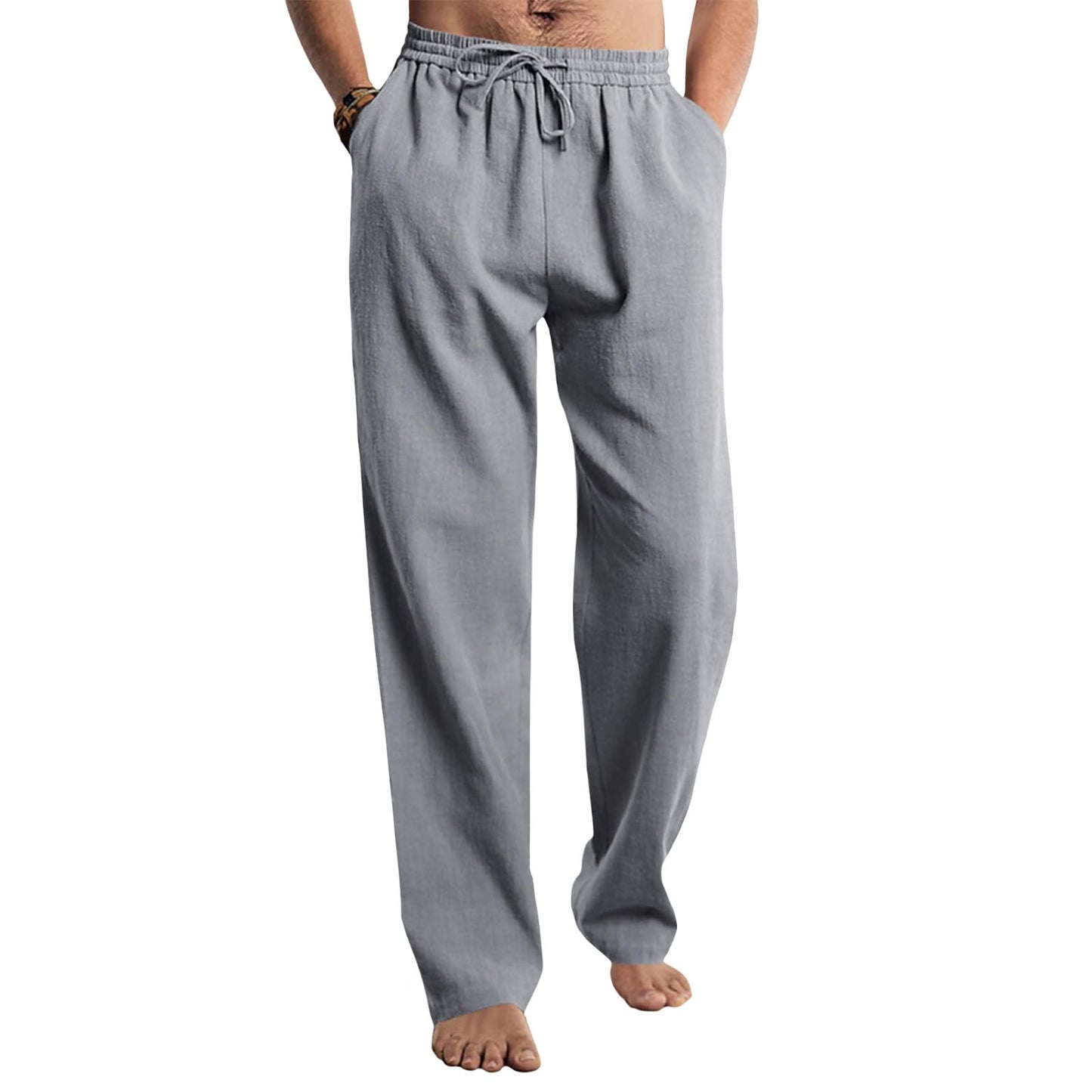 Befox Men Linen Pants,Casual Lightweight Loose Fit Elastic Drawstring Waist Loose Trousers Summer Beach Pants