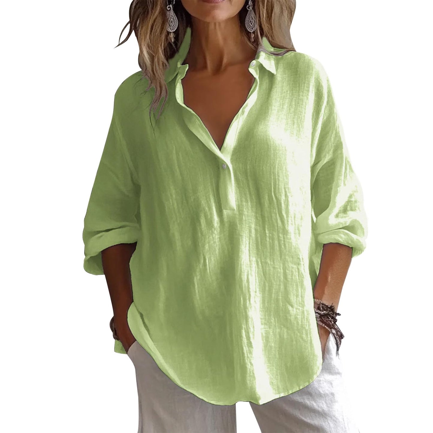gukoo Womens Linen Shirts 3/4 Sleeve Blouses Casual V Neck Collar Shirt Trendy Tops Solid Color Summer Clothes