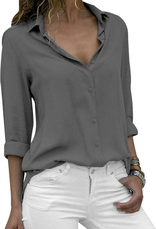 FONDBERYL Tops for Women Trendy Summer Workout V Neck Business Long Sleeve Vintage Casual Button Down Oversized T Shirts