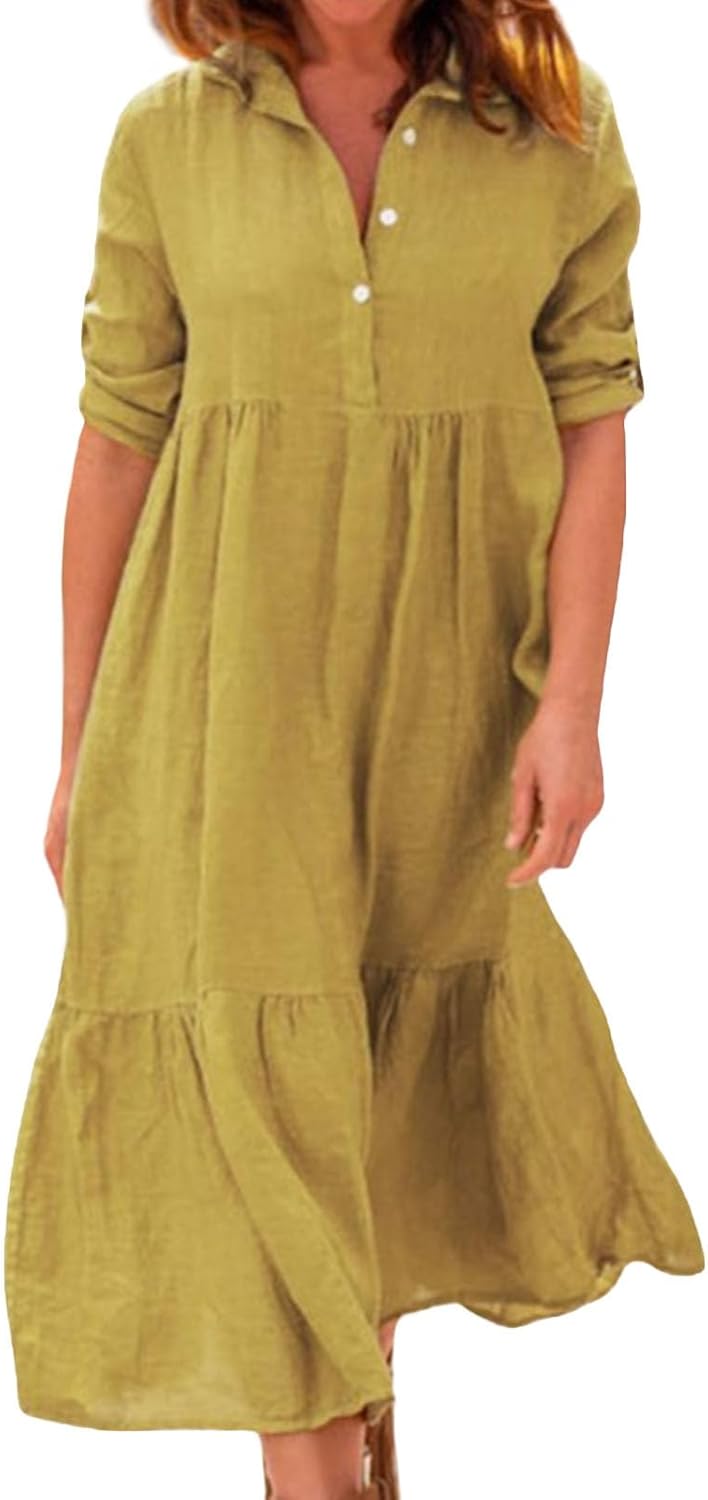 Alivebody Womens Button Down Shirt Dress, Cotton Linen Long Ruffle Hem Loose Half Sleeve Casual Summer Maxi Dress with Collar