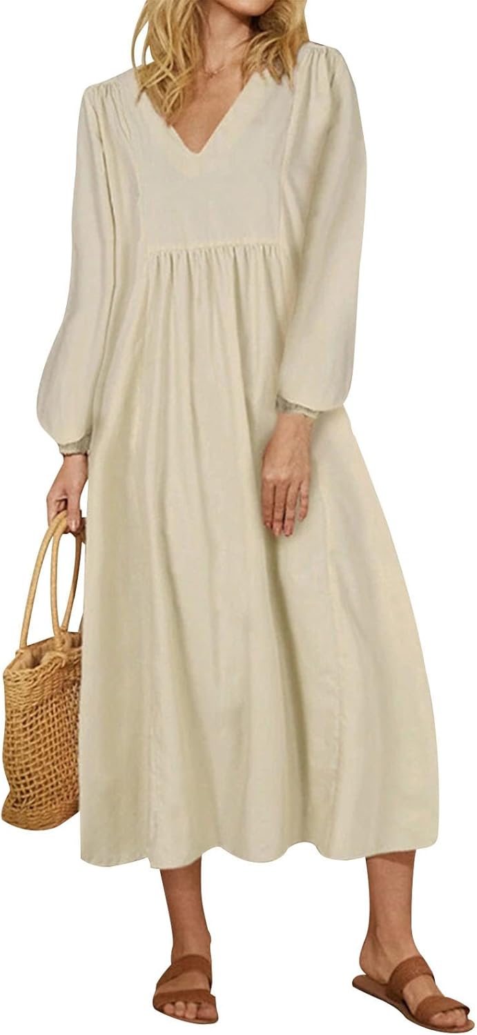 Alivebody Women's Cotton Linen V Neck Midi Dress with Lantern Sleeve, Loose A Line High Waisted Casual Spring Summer Dresses