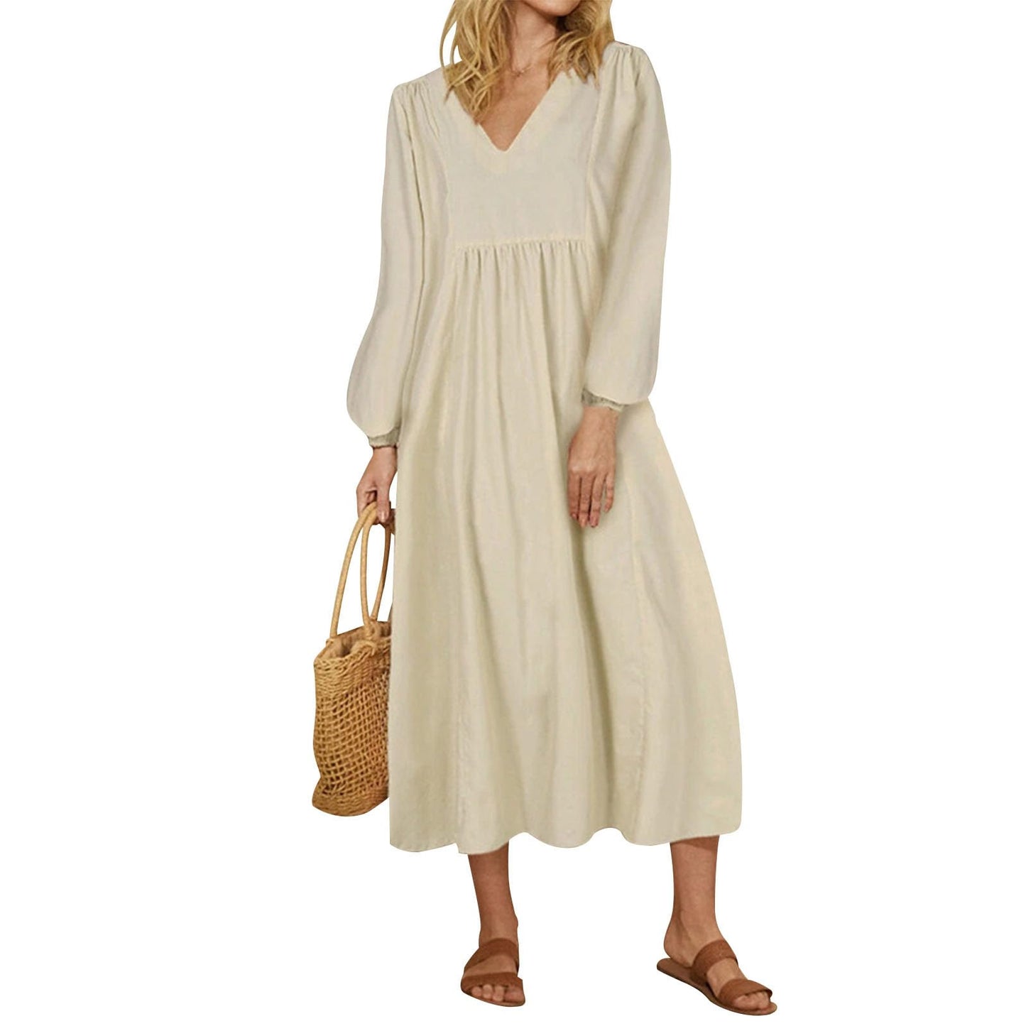 Alivebody Women's Cotton Linen V Neck Midi Dress with Lantern Sleeve, Loose A Line High Waisted Casual Spring Summer Dresses