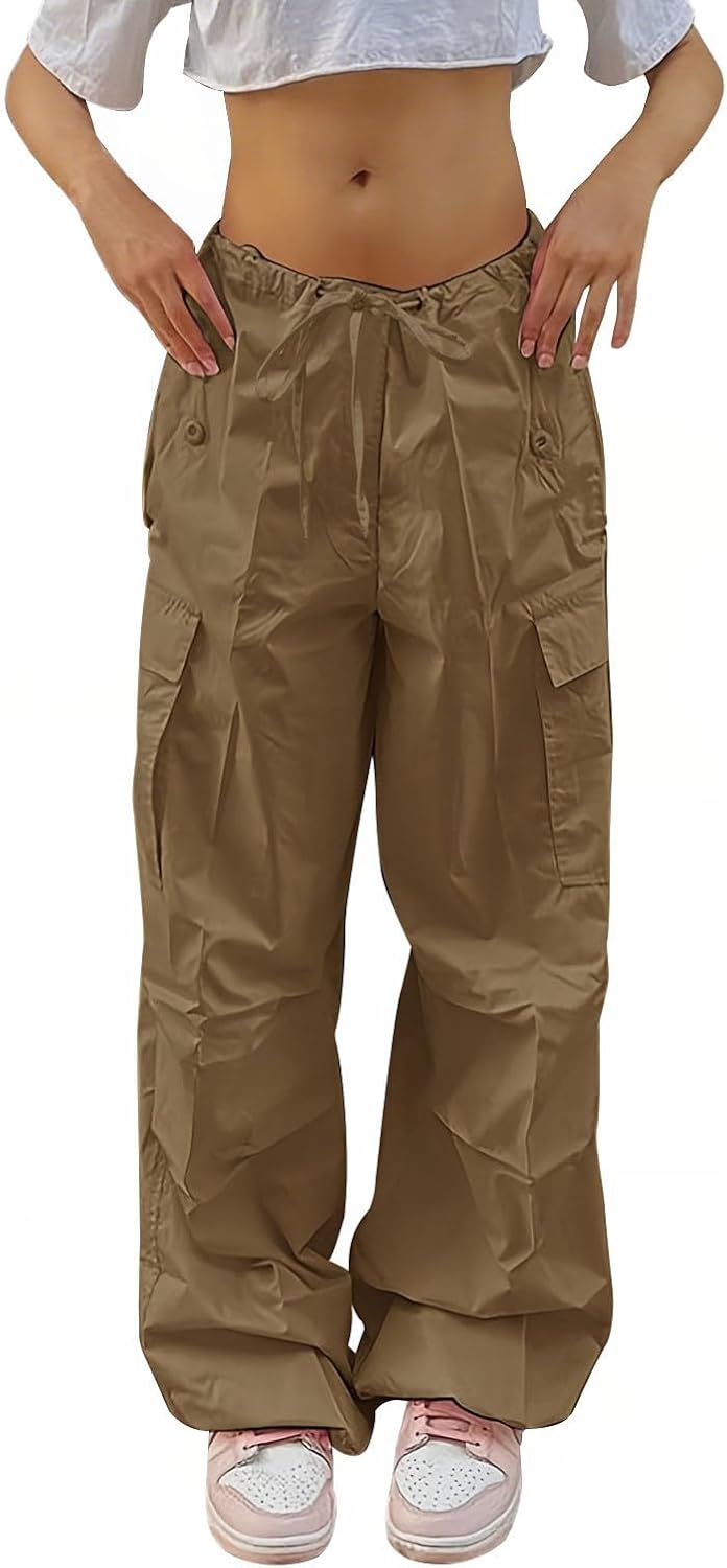 Reigee Women's Parachute Pants,Low Rised Baggy Cargo Pants with Drawstring for Women Y2K Streetwear Wide Leg Trousers