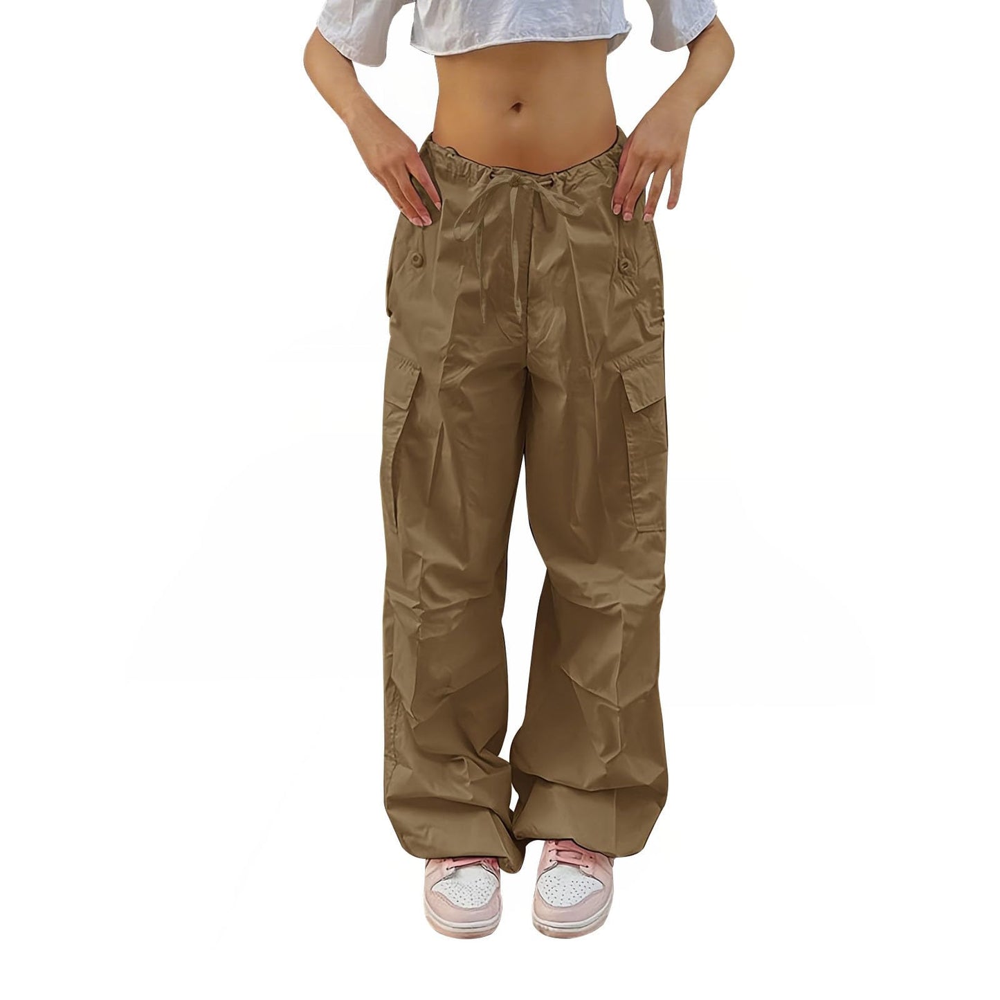 Reigee Women's Parachute Pants,Low Rised Baggy Cargo Pants with Drawstring for Women Y2K Streetwear Wide Leg Trousers