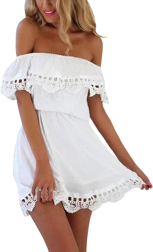 Bejirog Off The Shoulder Mini Dress for Women Lace Trim Elegant Casual Short Summer Wedding Guest & Party Dresses