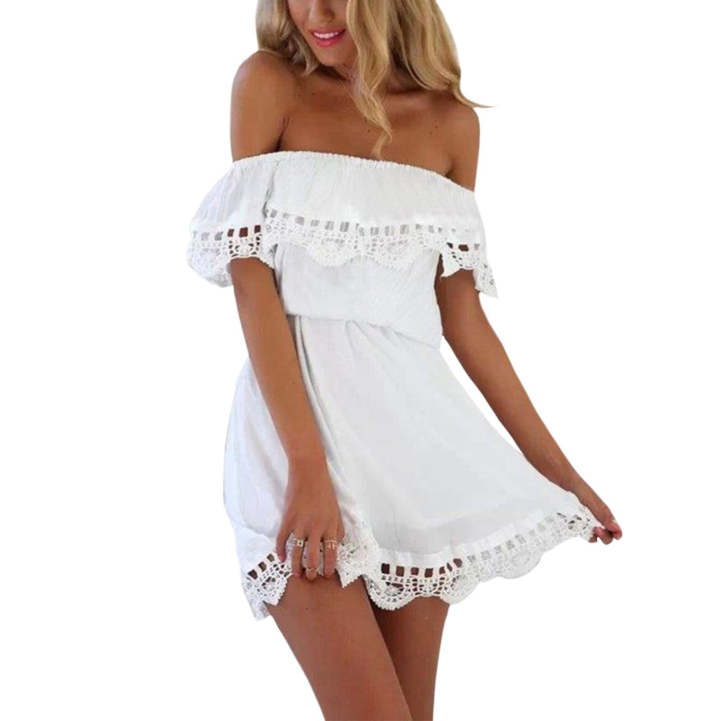 Bejirog Off The Shoulder Mini Dress for Women Lace Trim Elegant Casual Short Summer Wedding Guest & Party Dresses