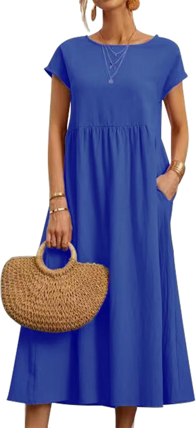 gukoo Cotton Linen Dress for Women Short Sleeve Casual Crew Neck Loose Maxi Summer 2026 Beach Vacation Dress with Pockets