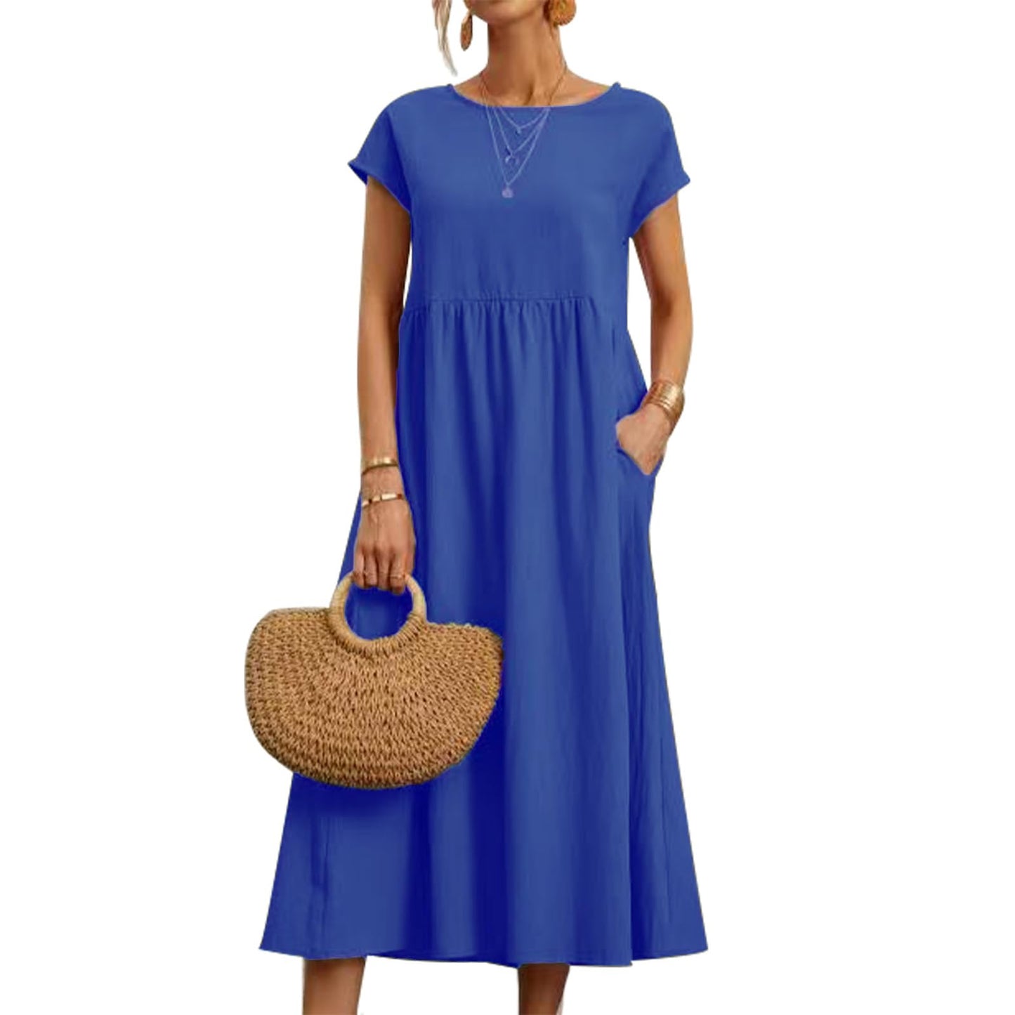 FONDBERYL Cotton Linen Dress for Women Short Sleeve Casual Crew Neck Loose Maxi Summer 2026 Beach Vacation Dress with Pockets