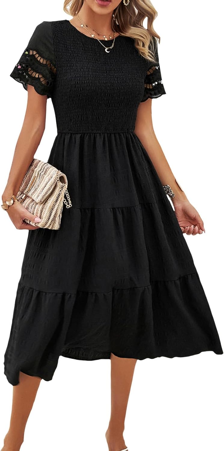 NAILONG Women's Hollow Out Smocked Tiered Ruffle Dress Crew Neck Short Sleeve Flowy Midi Dress Summer A Line Sun Dress