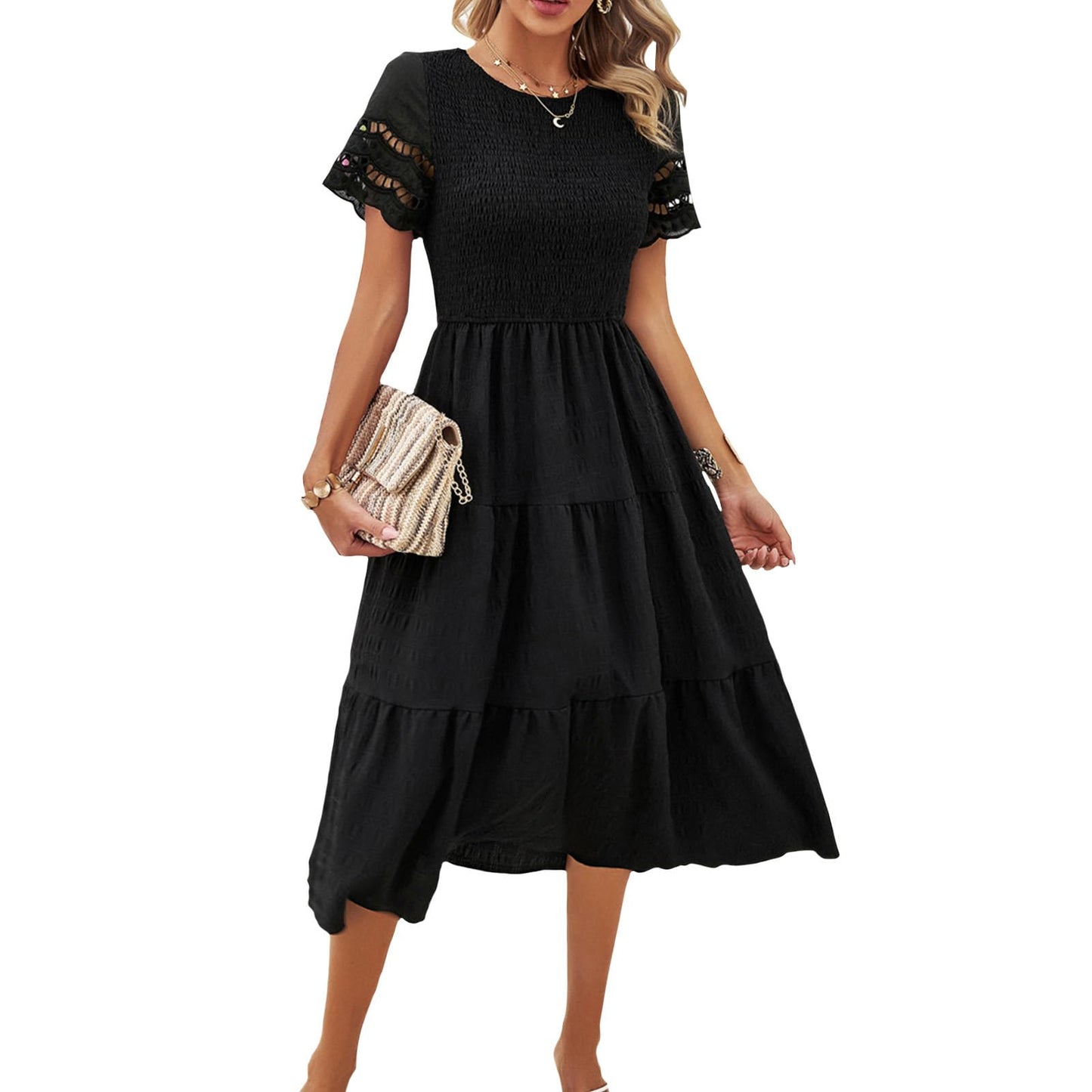 NAILONG Women's Hollow Out Smocked Tiered Ruffle Dress Crew Neck Short Sleeve Flowy Midi Dress Summer A Line Sun Dress