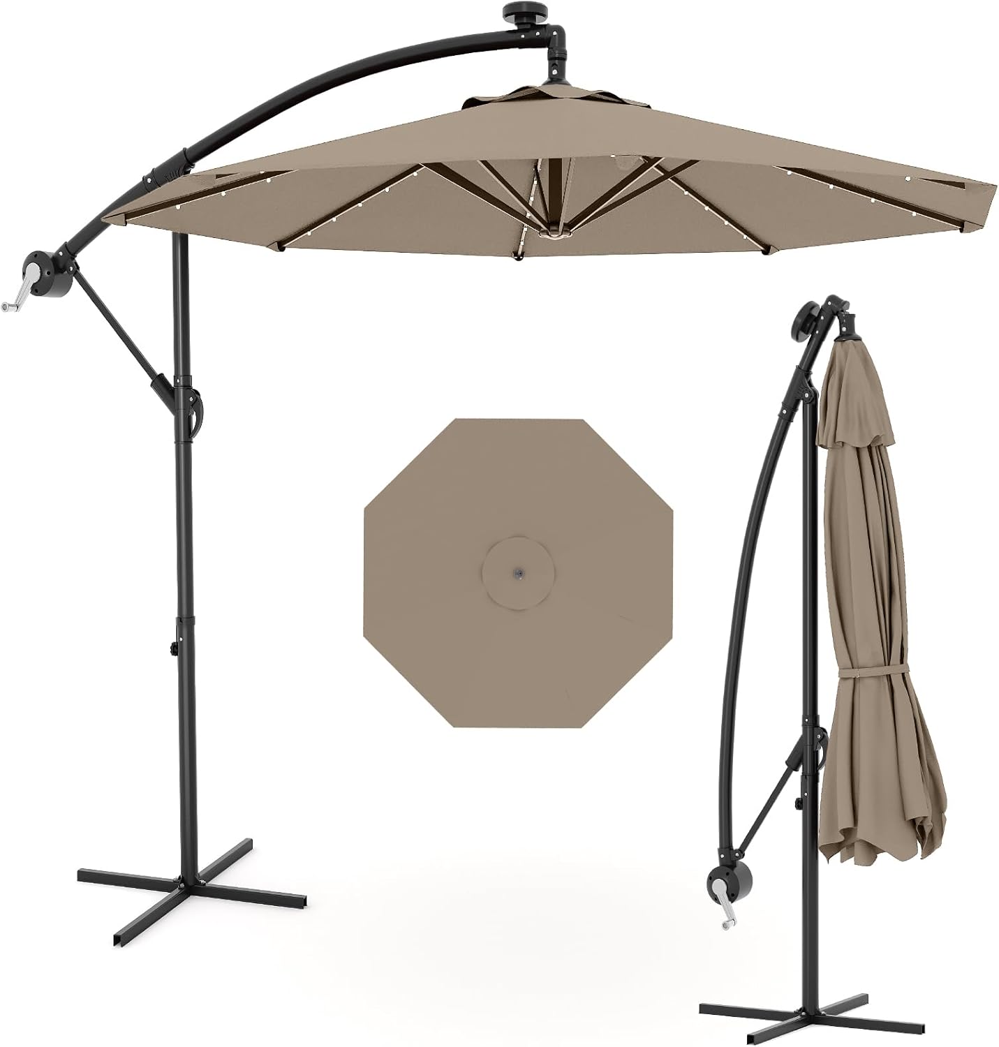 JiffPom 10FT Cantilever Patio Umbrella with Solar LED Lights - Offset Outdoor Umbrella - Easy Lift & Tilt - UV Protection - Fade Resistant - Ideal for Deck, Pool, Garden