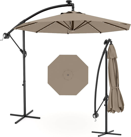 JiffPom 10FT Cantilever Patio Umbrella with Solar LED Lights - Offset Outdoor Umbrella - Easy Lift & Tilt - UV Protection - Fade Resistant - Ideal for Deck, Pool, Garden