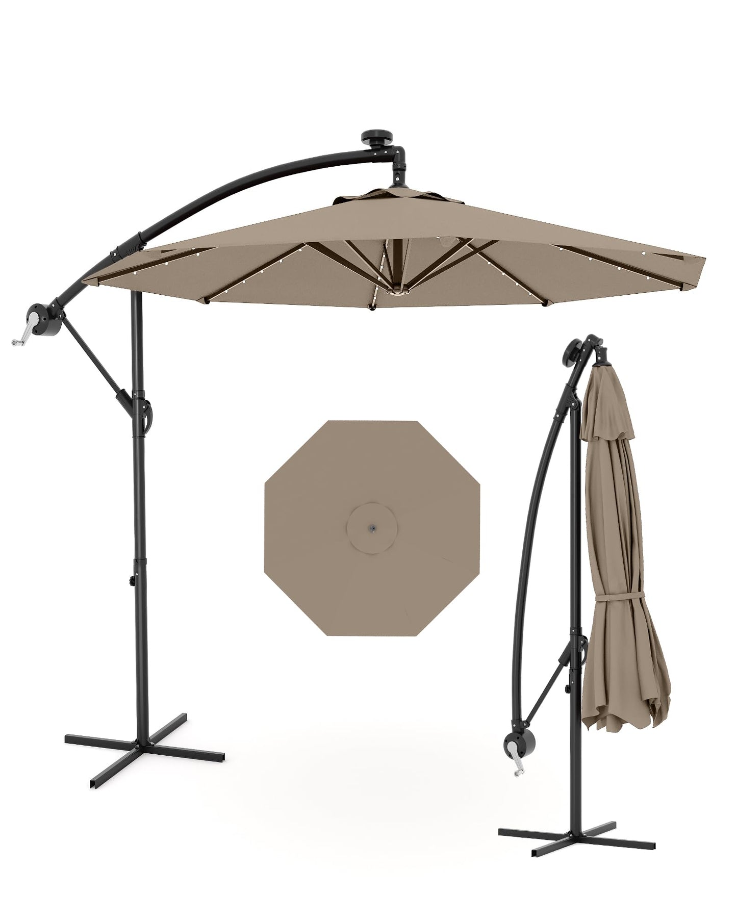 JiffPom 10FT Cantilever Patio Umbrella with Solar LED Lights - Offset Outdoor Umbrella - Easy Lift & Tilt - UV Protection - Fade Resistant - Ideal for Deck, Pool, Garden
