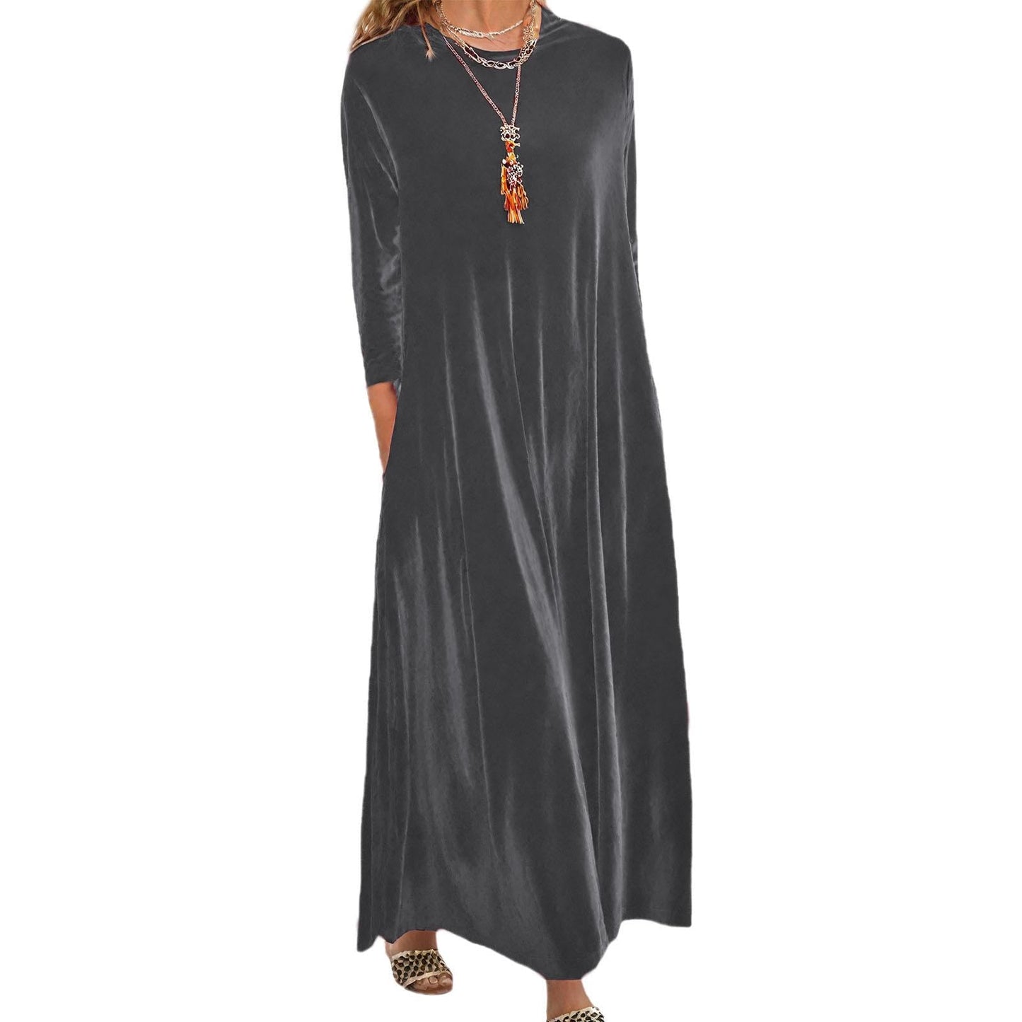 Embryform Velvet Dress for Women Spring Maxi Dress 2026 Plus Size Short Sleeve Velvet Casual Loose Elegant Crew Neck with Pocket