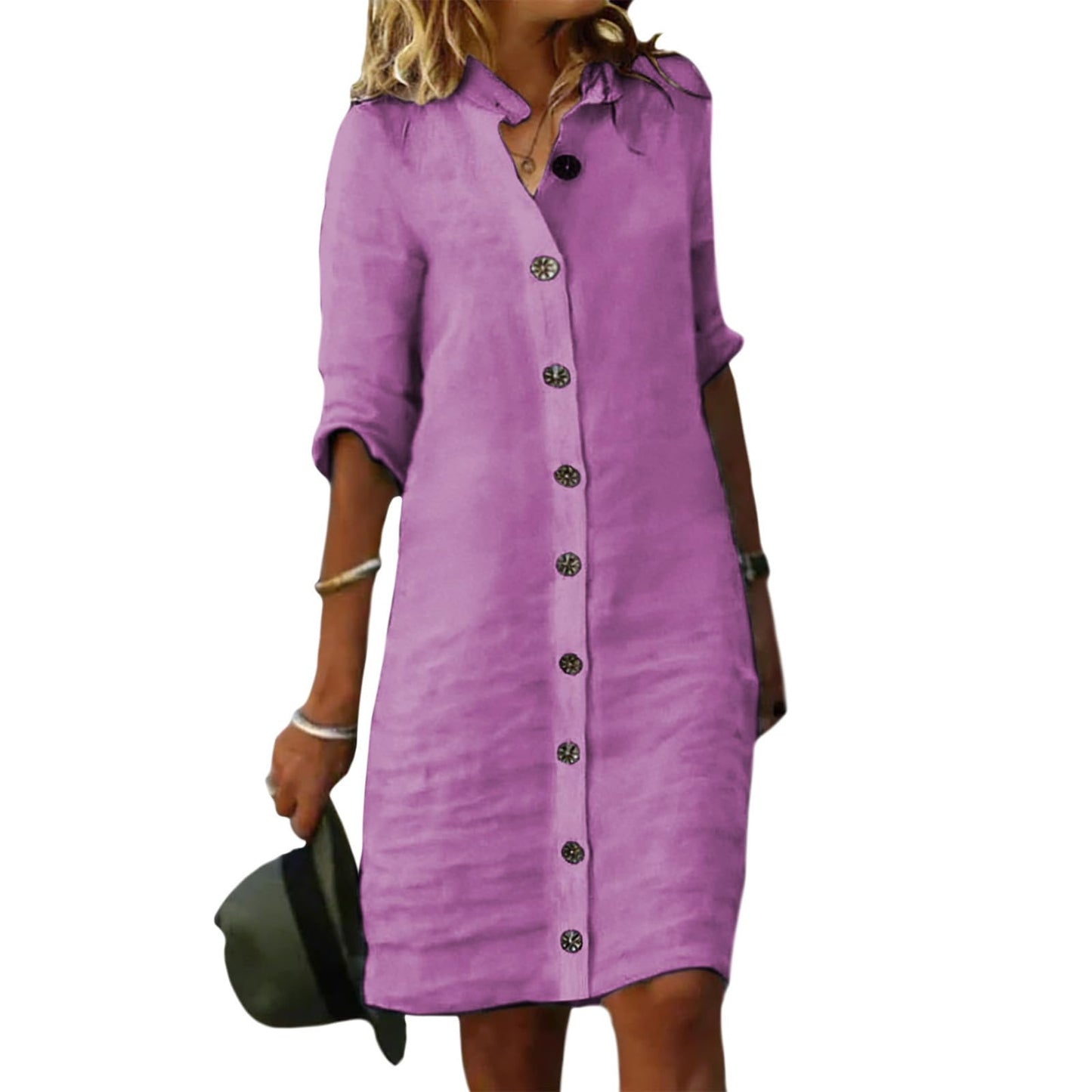 GYMTSL Linen Button Down Midi Shirt Dress for Women, Elbow Sleeve Knee Length Loose Casual Spring Summer Linen Button Dress