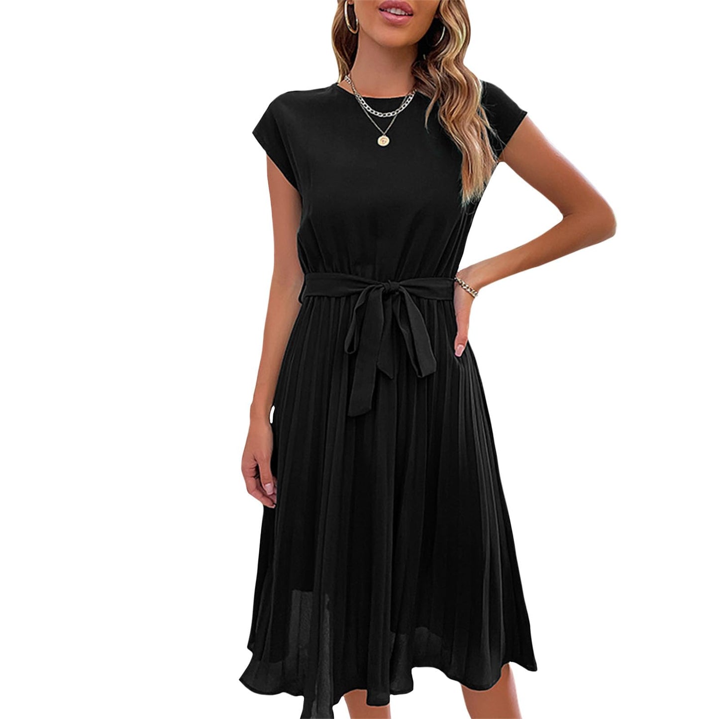 Bejirog Pleated Midi Dress for Women, Belted Tie Waist A-Line Short Sleeve Crew Neck Elegant Summer Wedding Guest Dress