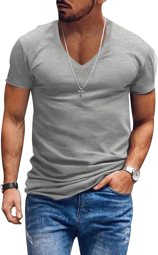 Alivebody Mens T Shirts Solid Color Deep V Neck Basic Muscle Fit Tee Muscle Slim Fit Low Cut Stretch Soft Lightweight Tshirt
