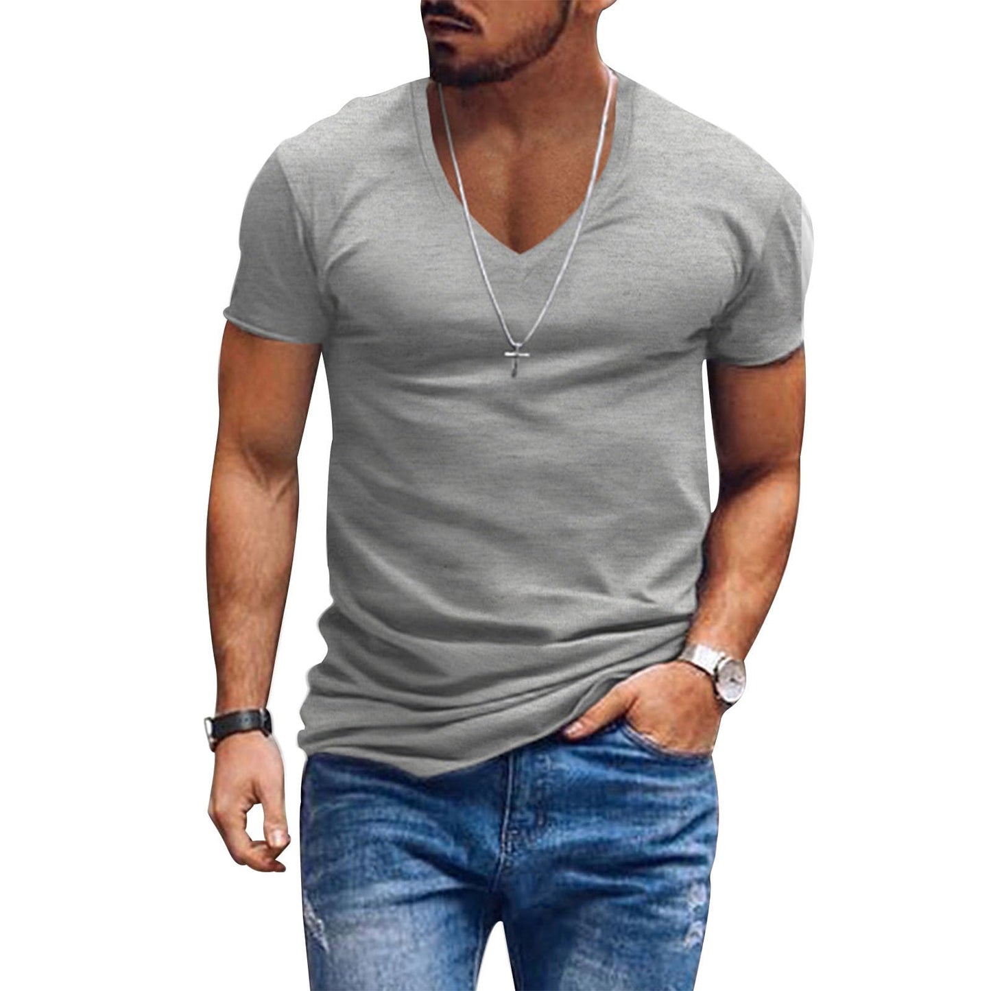 Alivebody Mens T Shirts Solid Color Deep V Neck Basic Muscle Fit Tee Muscle Slim Fit Low Cut Stretch Soft Lightweight Tshirt