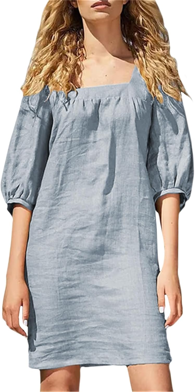 NAILONG Linen Mini Dress Women, Short Puff Sleeve Square Neck Elbow Sleeve Summer Casual Loose Beach Vacation Dress 2026