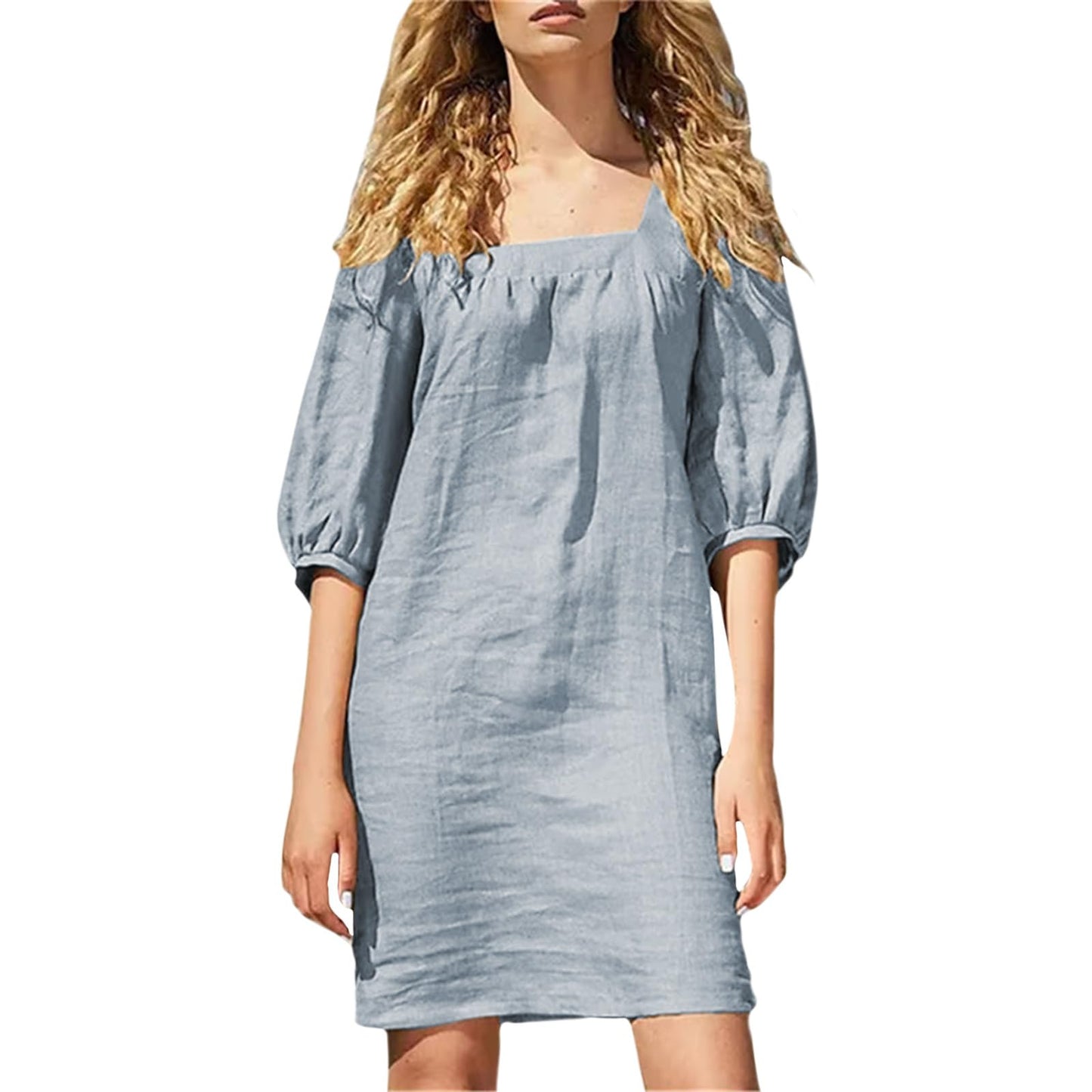 NAILONG Linen Mini Dress Women, Short Puff Sleeve Square Neck Elbow Sleeve Summer Casual Loose Beach Vacation Dress 2026