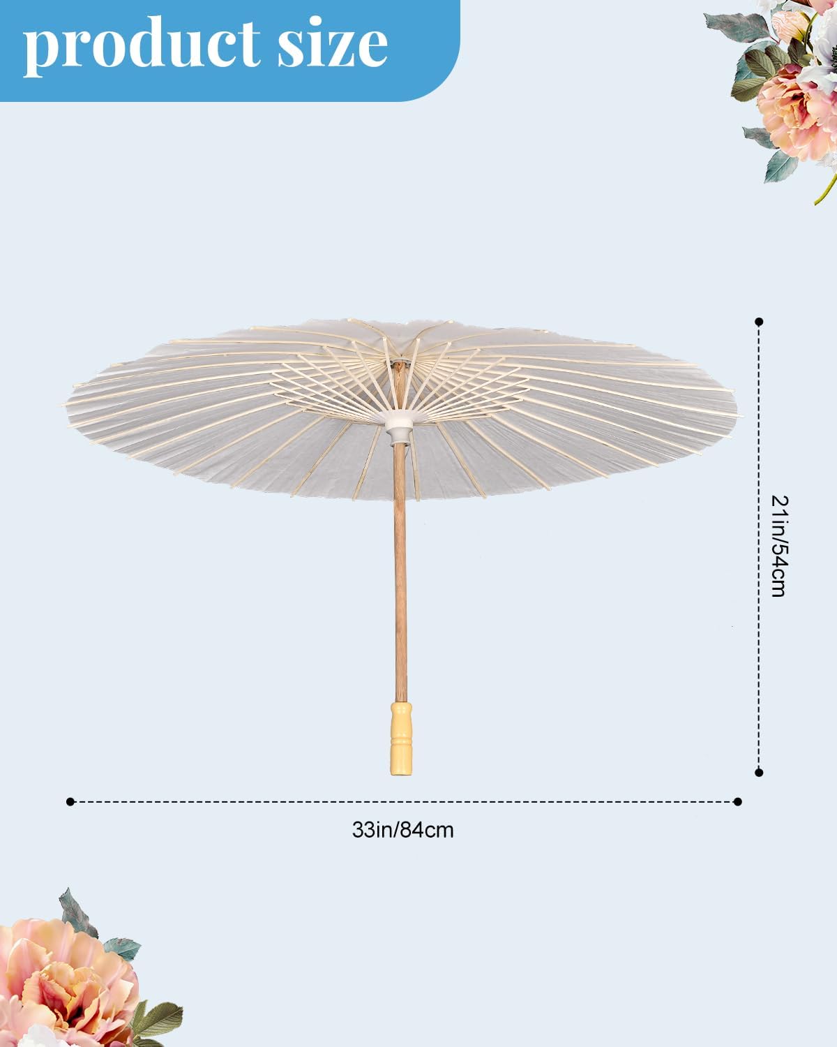 JiffPom 33 Inch White Paper Umbrella with Folding Heart Fan – Chinese Japanese Style Parasol for DIY Painting, Wedding, Bridal Shower, Photography, Party Decoration