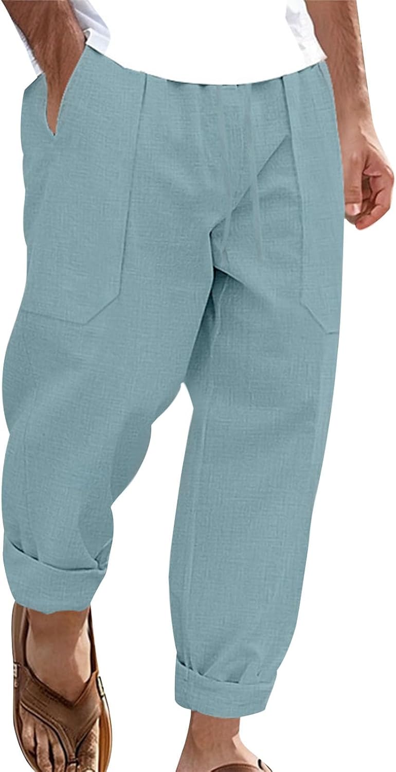 gukoo Linen Pants Men Summer Lightweight Casual Relaxed Fit Elastic Waist Yoga Travel Vacation Beach Pants with Pockets