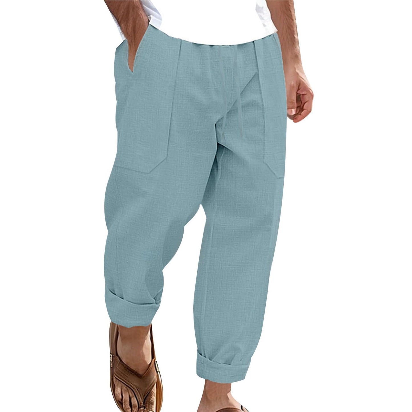 gukoo Linen Pants Men Summer Lightweight Casual Relaxed Fit Elastic Waist Yoga Travel Vacation Beach Pants with Pockets