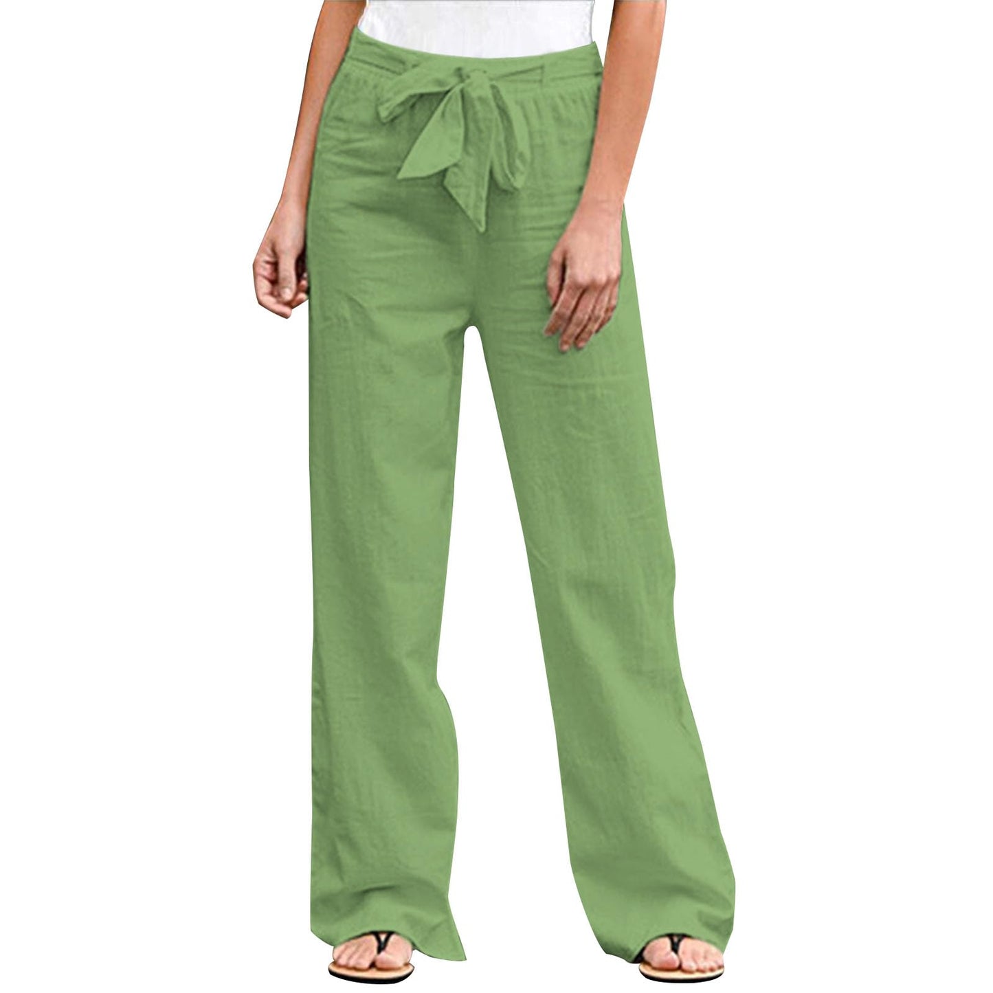 GYMBULL Womens Cotton Linen Summer Pants Tie High Waisted Casual Straight Leg Pants Dressy Palazzo Soft Trousers with Pockets