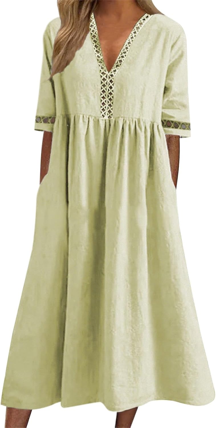 FONDBERYL Women's Cotton V Neck Long Flowy Loose Dress, Short Sleeve Plus Size Elegant Casual Wedding Guest Sun Dress 2026