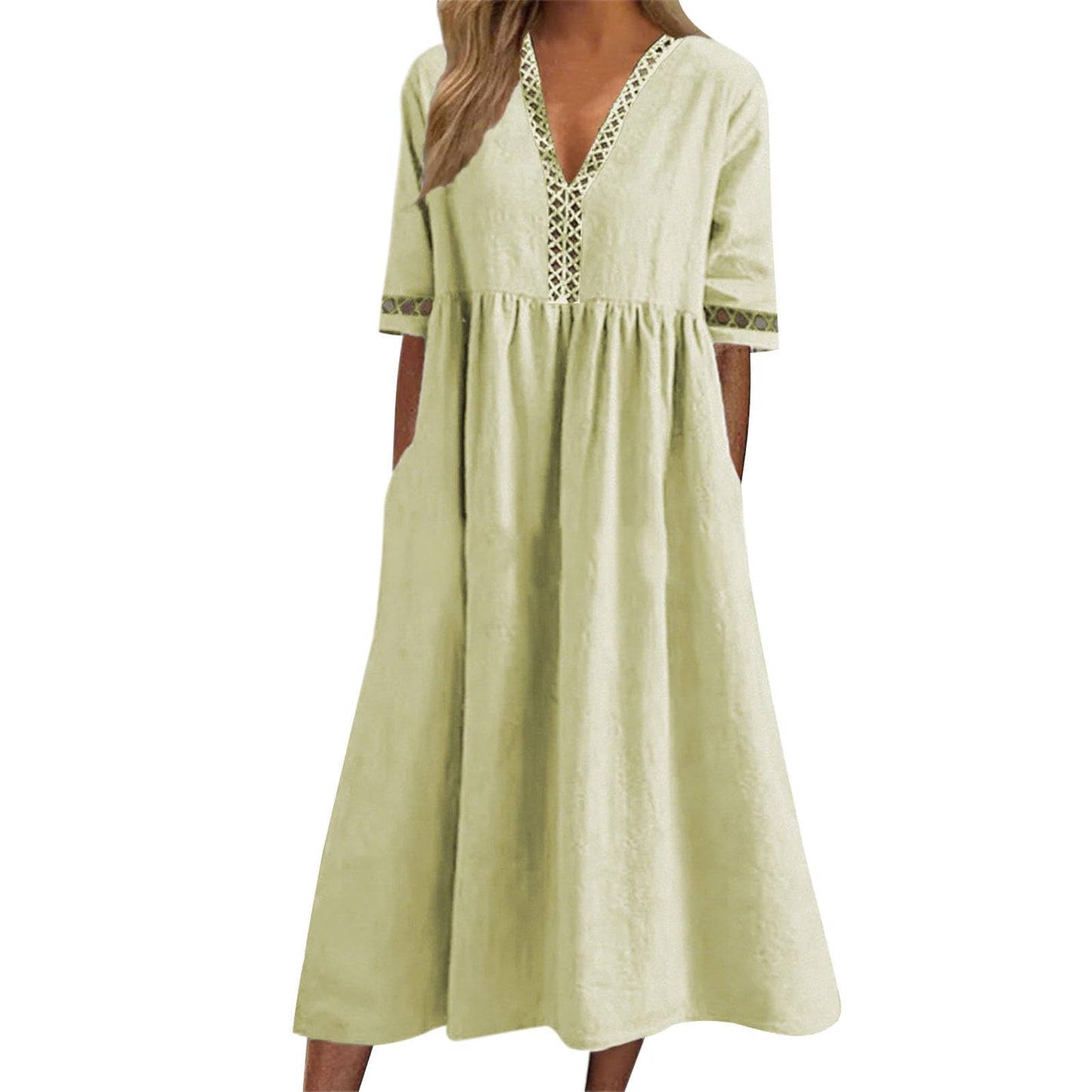 FONDBERYL Women's Cotton V Neck Long Flowy Loose Dress, Short Sleeve Plus Size Elegant Casual Wedding Guest Sun Dress 2026