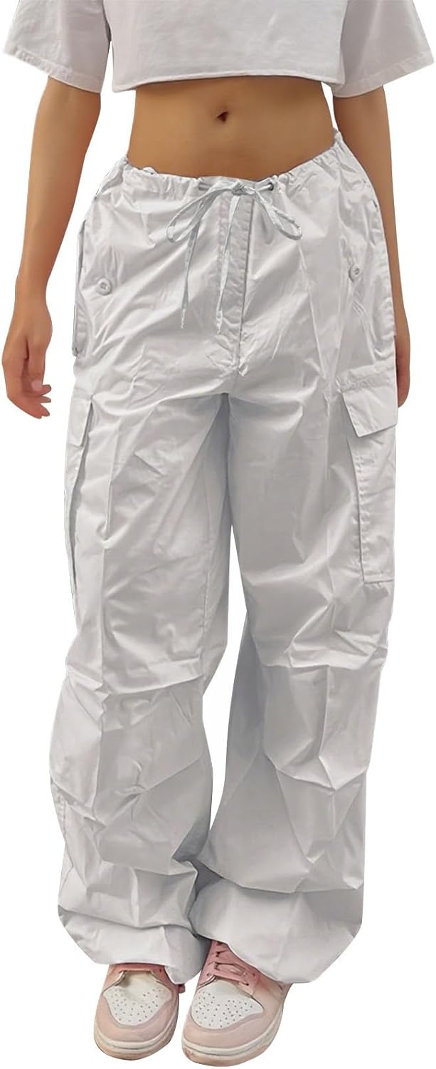 Reigee Women's Parachute Pants,Low Rised Baggy Cargo Pants with Drawstring for Women Y2K Streetwear Wide Leg Trousers