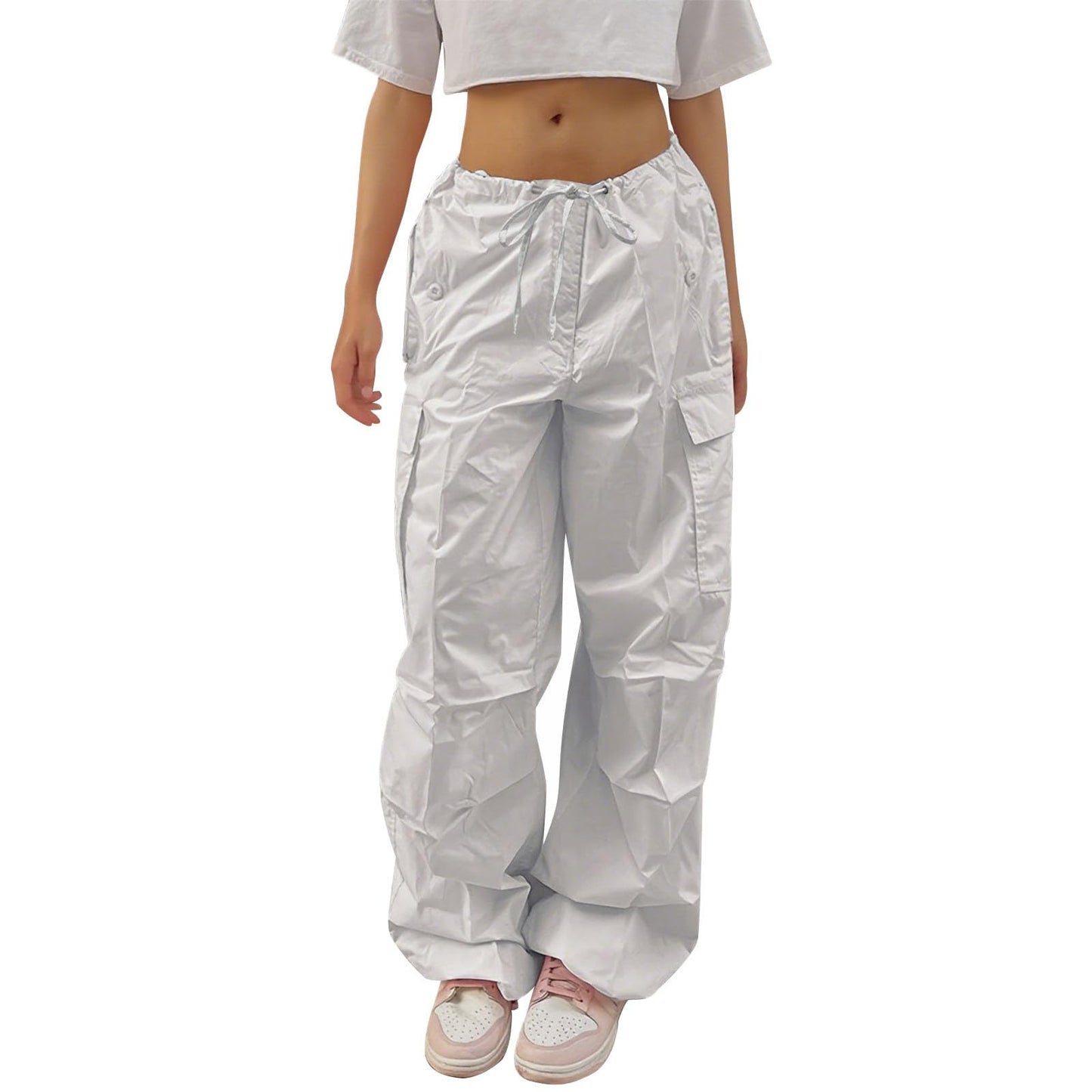 Reigee Women's Parachute Pants,Low Rised Baggy Cargo Pants with Drawstring for Women Y2K Streetwear Wide Leg Trousers