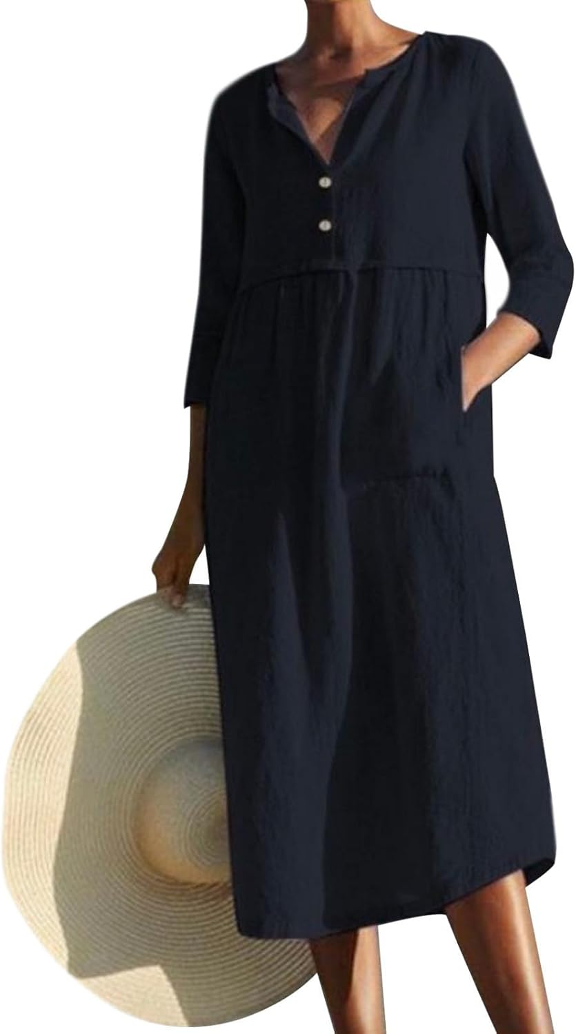 Embryform Womens Cotton Linen Button Down Shirt Midi Dress, Crew Neck 3/4 Sleeve Loose Casual Spring Summer Dress with Pockets