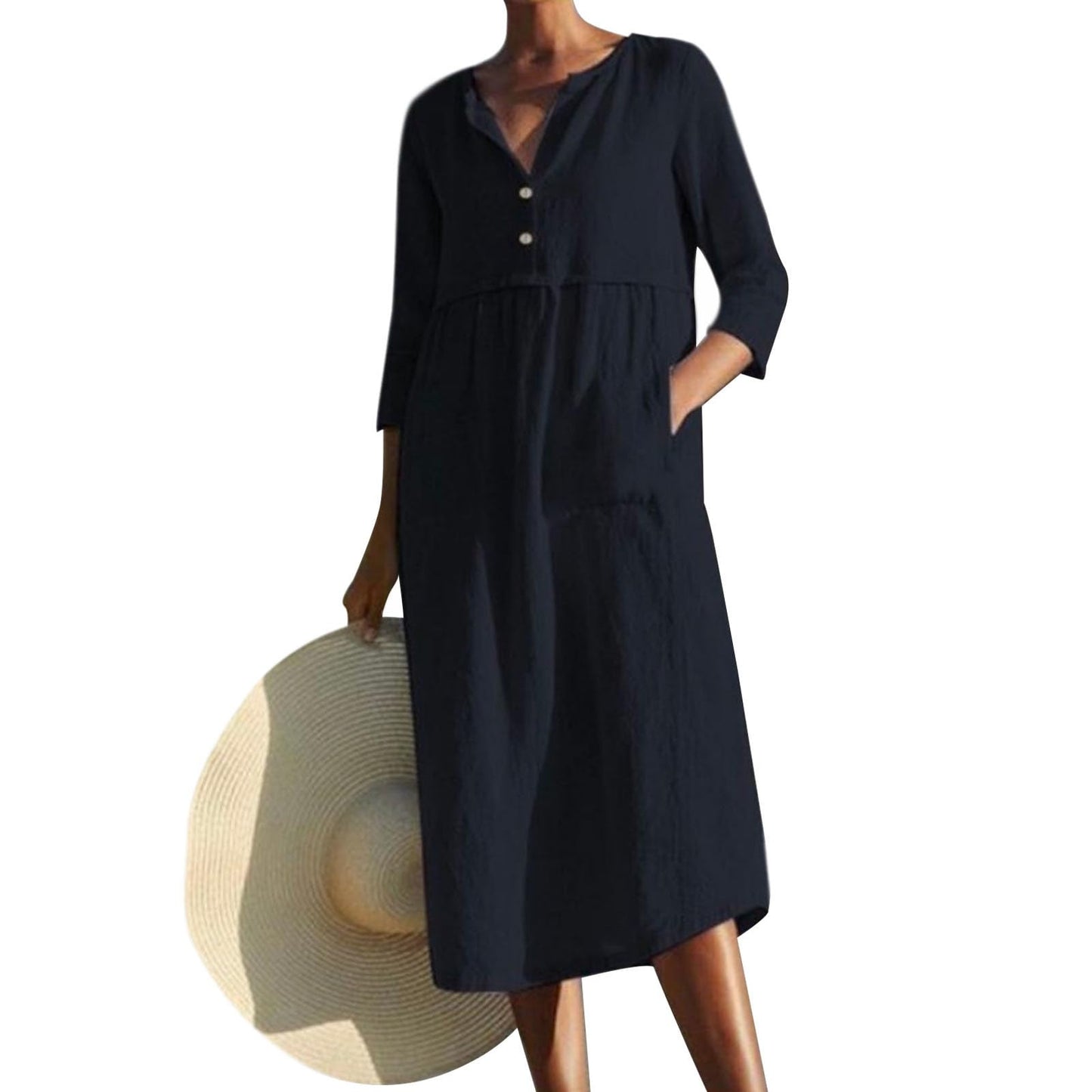 Embryform Womens Cotton Linen Button Down Shirt Midi Dress, Crew Neck 3/4 Sleeve Loose Casual Spring Summer Dress with Pockets