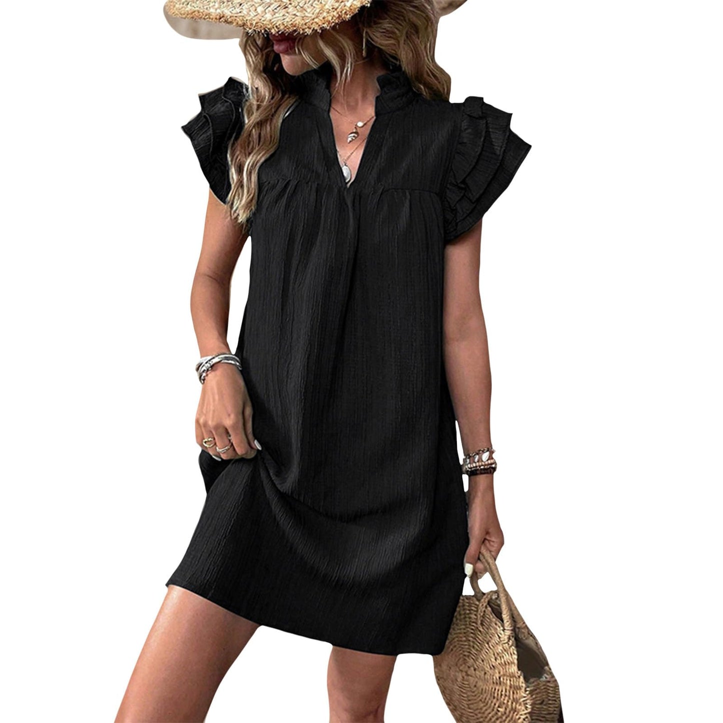 Gymrex Ruffle Sleeve Dress for Women V Neck Summer Casual Ruffle Short Sleeve A Line Mini Women Straight Dresses