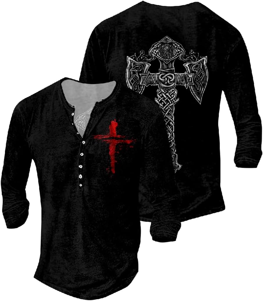 JiffPom Jesus Shirts for Men Distressed Henley Shirts Retro Cross Shirt Long Sleeve Shirt V Neck Button Down Washed T-Shirts