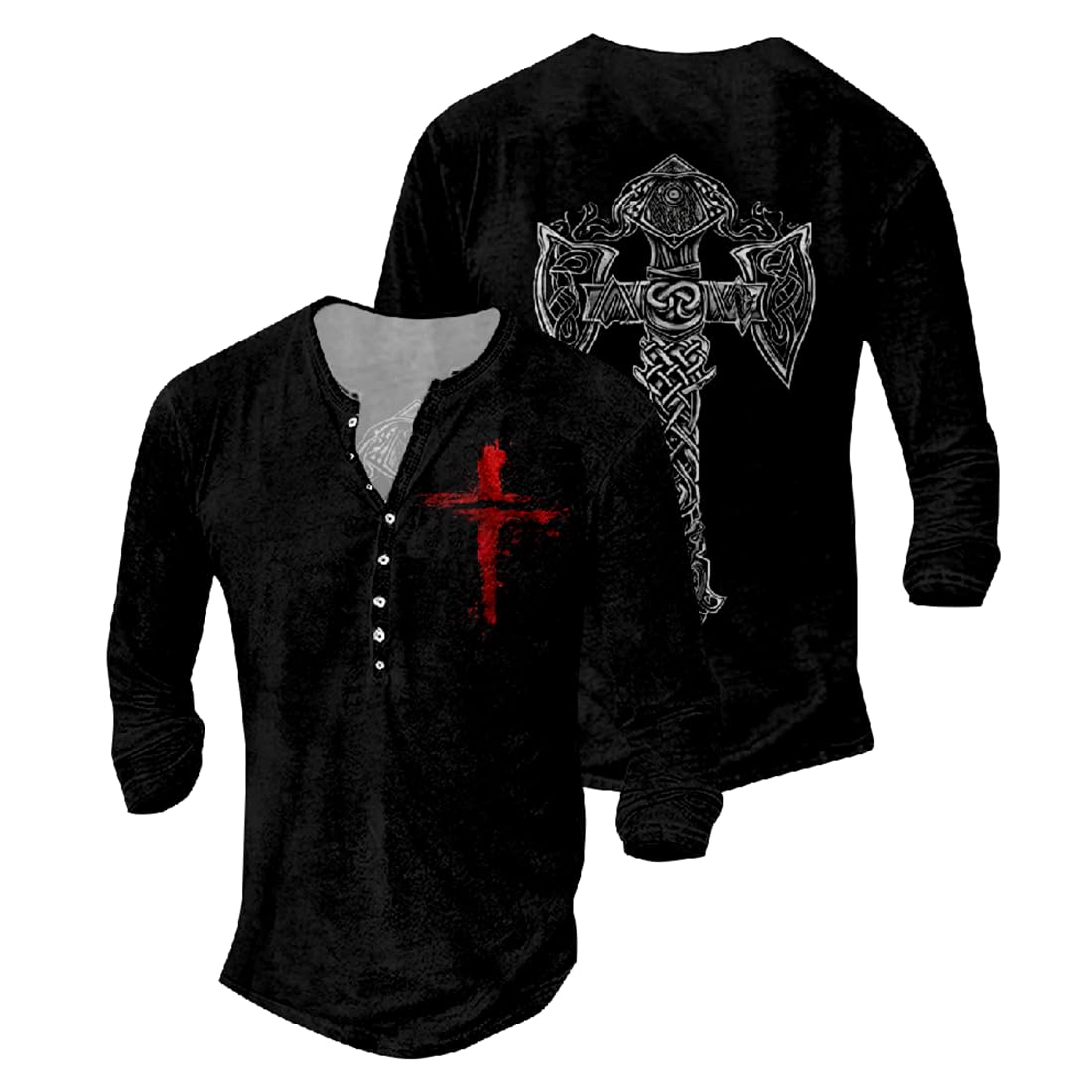 JiffPom Jesus Shirts for Men Distressed Henley Shirts Retro Cross Shirt Long Sleeve Shirt V Neck Button Down Washed T-Shirts