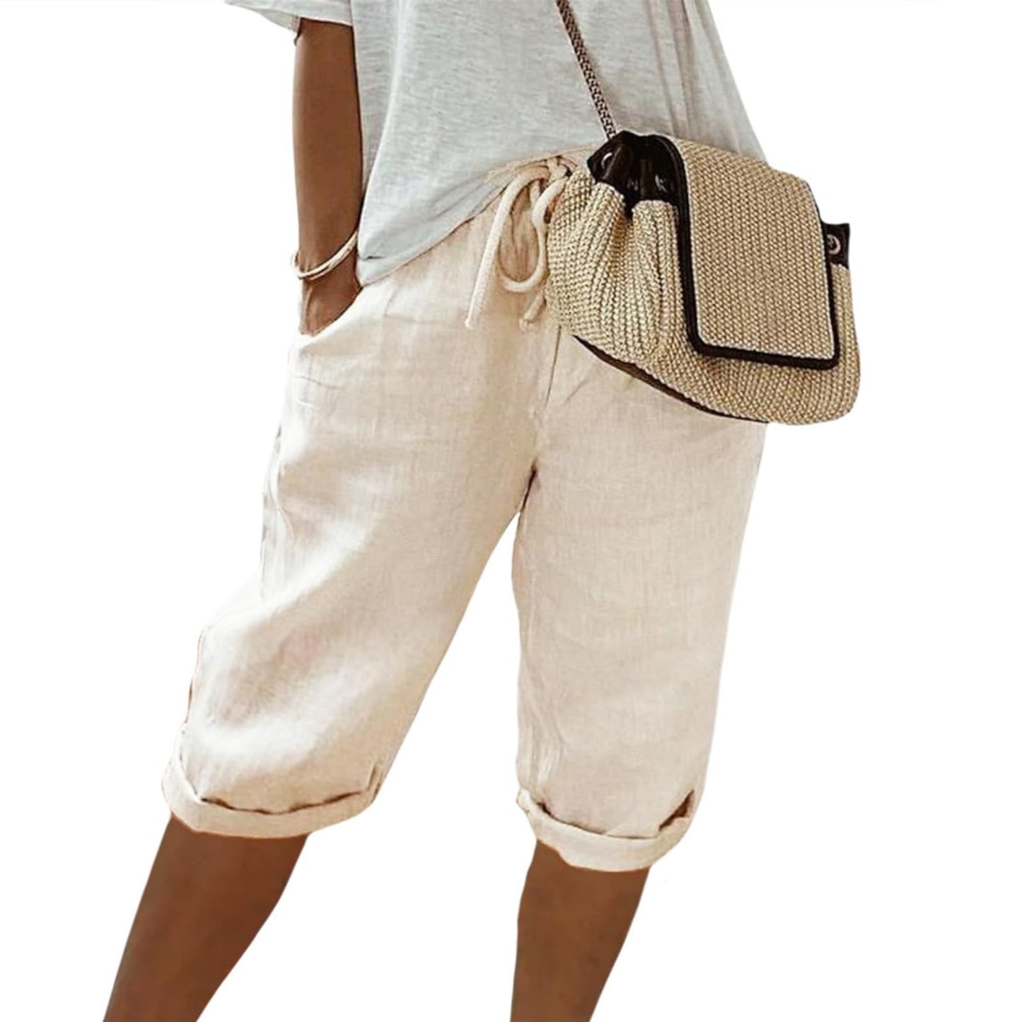 FONDBERYL Womens Cotton Linen Shorts Knee Length Drawstring Elastic Waist Summer Casual Gym Going Out Shorts with Pockets