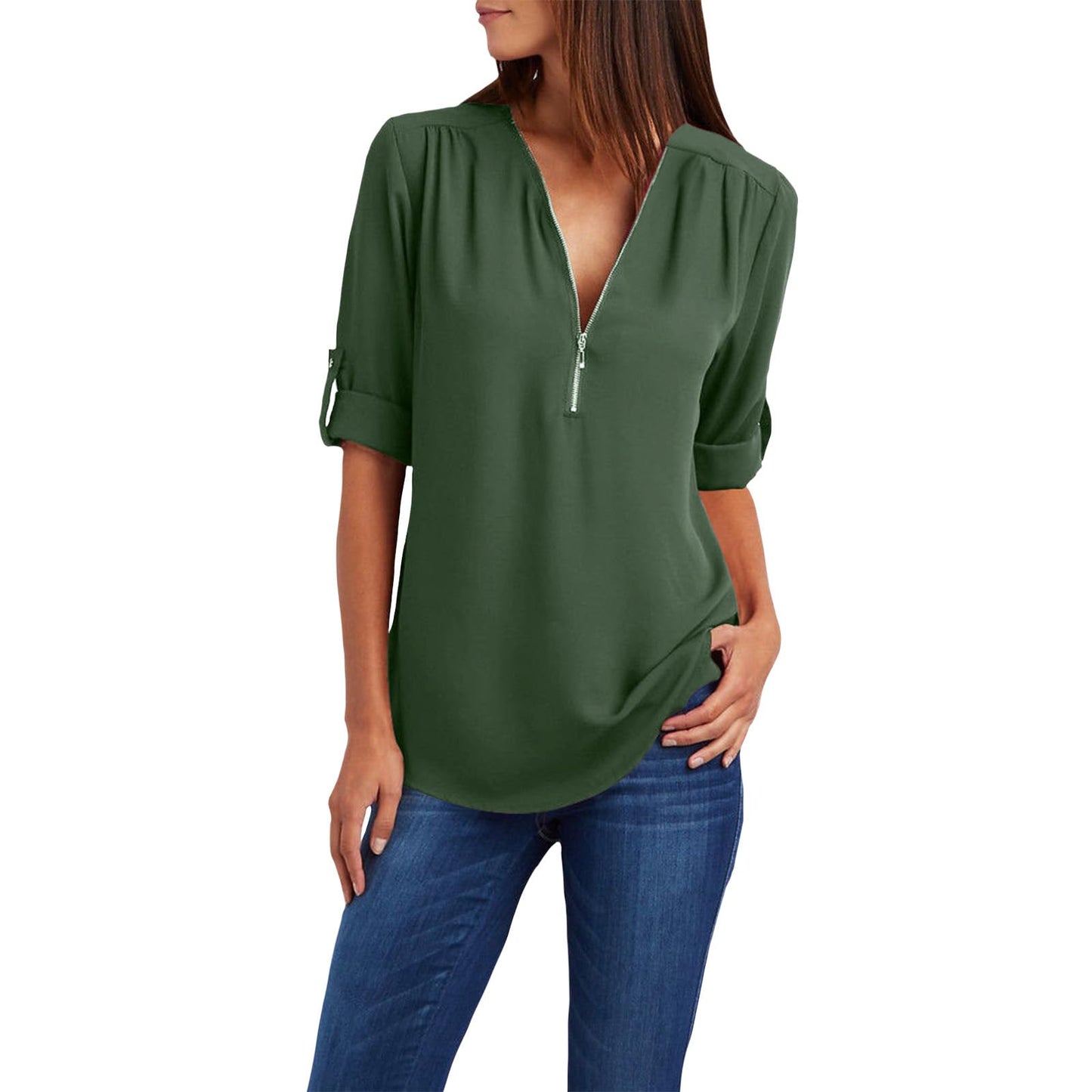 WAZZAP Women‘s Chiffon Tops, Zip Up V Neck Long Sleeve Shirt Roll Up Sleeve Loose Fit Tunic Tops Casual Trendy Chiffon Blouse