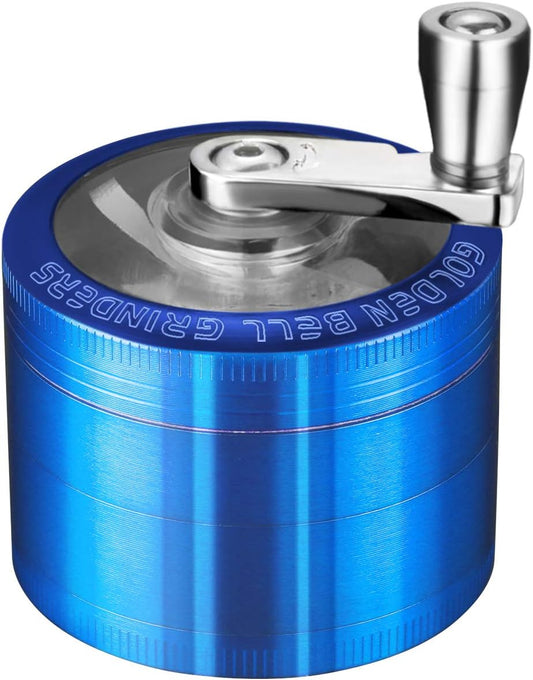 Kribee 2 inch Hand Cranked Spice Grinder with Pollen Scraper Foldable Handle Grinder - 4 Layers Zinc Alloy - Blue