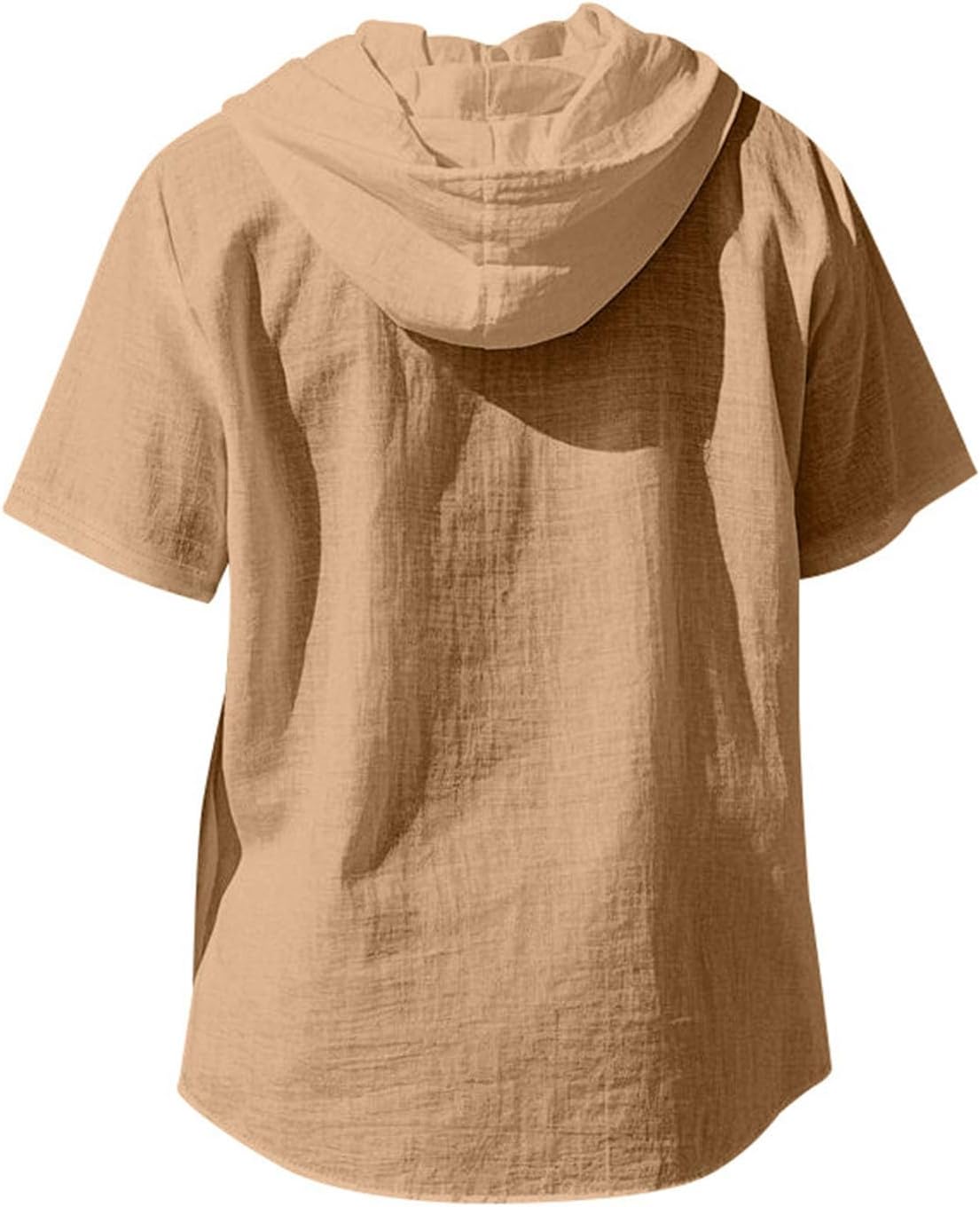 JiffPom Mens Shirts Solid Color Linen Short Sleeve Casual Loose Fit Button Down Shirts with Hoodies Summer Beach Tops